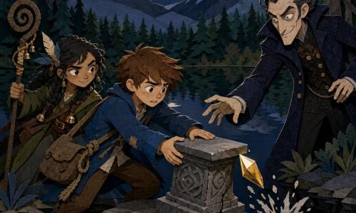 A determined, slightly anxious 12-year-old boy, Milo, with a round face and tousled chestnut hair, wearing a worn blue jacket and satchel, holds a knotted rope and gently pushes a small pedestal toward a mirrored black lake; a similarly aged girl, Lark, with dark braided hair decorated with feathers and bells, a mischievous focused expression and an olive coat, stands beside him holding a spiral staff ready to act; an adult man, Silas, tall and slender in a dark velvet coat with a too-smooth smile, pale eyes and a menacing posture, advances from the trees toward the shore, reaching for a small crystal as it slips from the pedestal and tips toward the water, causing a light splash—clear tension, sharp contrasted movements, a moonlit nocturnal adventure; visual style: layered cut-paper textures, crisp outlines, contrasting colors (midnight blues, deep greens, silvery moonlight, gold highlights for the crystal), stylized shadows and collage details (paper fibers, torn edges) for a warm handcrafted look.