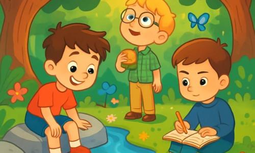 There are 3 characters: Leo, a 7-year-old boy with messy brown hair and sparkling curious eyes, wearing a red t-shirt and blue shorts, sitting on a stone by the river, smiling at his reflection. Max, a 6-year-old boy with blonde hair and round glasses, dressed in a green plaid shirt and beige pants, stands near Leo holding a sandwich and gazing at the sky in wonder. Sam, a 7-year-old boy with brown hair and a serious face, wearing a navy blue sweater and jeans, sits on the grass with a sketchbook on his lap, drawing the surrounding landscape. The scene takes place in a beautiful enchanted forest with majestic trees, a sparkling stream winding between rocks, and colorful flowers creating a vibrant tableau. The main situation shows the three friends by the river, contemplating their reflections in the clear water, joyfully discussing the meaning of life amidst the beauty of nature, with birds singing and butterflies fluttering around them.