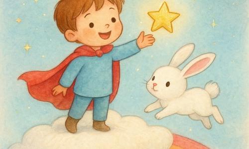 A joyful little prince boy with light brown hair, a shiny golden crown and a flowing red cape reaches for a small golden star while a fluffy white bunny with large pink ears and bright black eyes hops beside him on the same creamy white cloud at the end of a wide multicolored rainbow under a pale blue sky with twinkling stars and golden rays; the prince’s hand grazes a small pot of golden stars in a warm, soft, magical scene.