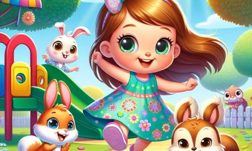 A 6-year-old girl named Lily, with long brown hair and sparkling eyes, dances with a big smile on her face. She wears a colorful dress with flower patterns and pink sandals. Next to her, a 6-year-old boy, Benny, a rabbit with big ears and white fur, jumps joyfully, his eyes shining with excitement. Another character, Sally, a mischievous squirrel with a bushy tail and playful eyes, spins around with her little paws in the air. Timmy, a small turtle with a green shell and gentle eyes, watches them smiling, a bit withdrawn but happy to see them having fun. The scene takes place in a sunny park with large green-leaved trees, a clear blue sky, and colorful flowers lining the path. In the center, a large colorful slide stands, and children's laughter fills the air. The main situation shows Lily and her friends joyfully dancing around the slide, celebrating their treasure hunt, with bursts of laughter and a festive atmosphere as they discover a box full of surprises under the slide.