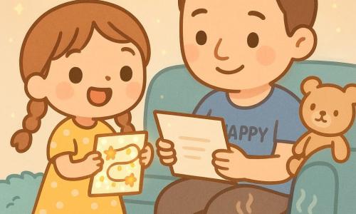 An 8-year-old girl, joyful and proud, with light-brown hair in two braids, bright round eyes and a small yellow polka-dot dress holds a glittered letter and a string of lights as she offers the letter to her father—about 35–40 years old, with a tender smile and a blue T-shirt with a funny slogan—who sits to her right on a large blue sofa reading it emotionally; a beige teddy rests on the sofa arm, steaming mugs of hot chocolate sit on a small wooden table, and the cozy room, with a turquoise fluffy throw and multicolored garlands, is lit by pink, green and yellow lights creating a warm, sparkling atmosphere.