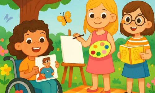 Hay 3 personajes: Clara, una niña de 8 años con cabello rizado y castaño, sentada en una bonita silla de ruedas decorada con flores de colores, sonriendo mientras sostiene un dibujo de su papá superhéroe; Lucía, una niña de 7 años con cabello liso y rubio, de pie junto a Clara, vestida con un vestido rosa y sosteniendo una paleta de pintura con colores vivos, lista para pintar un cuadro para su papá; y Marta, una niña de 9 años con cabello castaño y gafas, un poco apartada pero sonriente, con una camiseta a rayas y un libro ilustrado donde escribió una historia para su papá. El lugar es un jardín en plena floración, lleno de flores de todos los colores y un gran árbol en el centro. Las tres niñas están preparando una sorpresa para el Día del Padre, rodeadas de deliciosos bocadillos en la manta, con dibujos e historias listas para regalar a sus papás, intercambiando sonrisas cómplices, emocionadas por celebrar juntas.