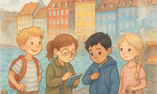 Vier Kinder, alle 8 Jahre: Mila, helle kastanienbraune Zöpfe zu einem Pferdeschwanz gebunden, kleine runde Brille, khakijacke, hält ein blaues Notizbuch und schreibt (links von der Mitte); Jonah, blonder zerzauster Haarschnitt, breites Lächeln, gestreifte kurze Hose, roter Rucksack, schaut links von Mila zum Meer; Emre, schwarzes Haar, olivfarbene Haut, besorgter Ausdruck, blaue Jacke, durchsucht rechts von Mila seine rechte Tasche nach einem verlorenen Fahrkarte; Lotte, platinblonde Zöpfe, gepunktetes Kleid, ruhiges Lächeln, beige Rollkoffer, ganz rechts und beobachtet die anderen; Ort: Nyhavn-Quai mit bunten Häusern im Hintergrund (gelb, rot, blau), schimmernd-türkises Wasser, nasse Kopfsteinpflaster, weiße Möwen im Flug und ein Schild «Hafenrundfahrt – 10:30» am Pfosten; Situation: die Kinder warten am Anleger am frühen Morgen, weiches Licht, Duft von warmem Gebäck vom Bäcker rechts, leichte Anspannung, aber sichtbare Hoffnung in ihren Gesichtern.