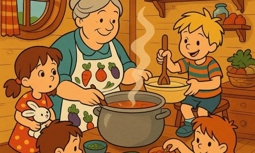 Uśmiechnięta, życzliwa szefowa kuchni z jasnoszarymi włosami w koku, w kolorowym fartuchu z motywem warzyw, wylewa parującą zupę z dużego cynowego kotła; wokół niej zbiorowe gotowanie: około 5-letnia Ania z brązowymi kitkami w sukience w kropki trzyma białego pluszowego królika i z zachwytem patrzy na zupę, około 7-letni Franek z blond potarganymi włosami w pasiastym t‑shircie stoi na stołeczku i miesza drewnianą łyżką, 2–3 inne dzieci (4–8 lat) siedzą przy stole, dodając zioła i przyprawy do kolorowych misek; przytulna kuchnia żółtego domku z jasnymi drewnianymi ścianami, okrągłym oknem z kratką, półkami z słoikami i koszami warzyw, lekką parą unoszącą się w ciepłym złotym świetle — scena wspólnego dzielenia się i gotowania, miękkie zaokrąglone rysy i wyraźne faktury drewna, tkanin i warzyw.