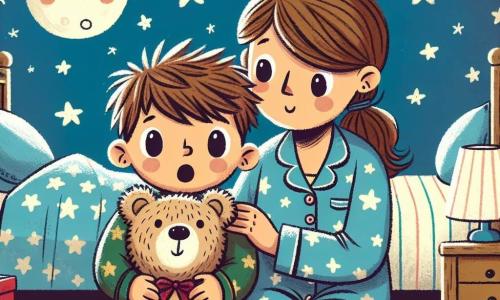 Een jongetje van 2 jaar, met rommelig bruin haar en grote nieuwsgierige ogen, zit op zijn bed. Hij heeft een bezorgde uitdrukking op zijn gezicht en houdt stevig zijn zachte teddybeer, Benny, vast, die een beige knuffelbeer is met een klein rood strikje om zijn nek. Zijn moeder, een vrouw van ongeveer dertig met lang kastanjebruin haar, staat naast hem, glimlachend en troostend, terwijl ze zachtjes met hem praat. Ze draagt een blauwe pyjama met witte sterren en leunt naar hem toe, klaar om hem een verhaal te vertellen. De scène speelt zich af in een warme kinderkamer, met lichtblauwe muren, sterren- en maanstickers, en een nachtlampje dat zacht licht uitstraalt. Een fluffy tapijt ligt op de vloer en speelgoed ligt verspreid om hen heen. Het jongetje, een beetje bang voor de duisternis, maakt zich klaar om naar zijn moeder te luisteren die hem over de maan vertelt, terwijl hij Benny tegen zich aanhoudt en troost vindt in zijn aanwezigheid.