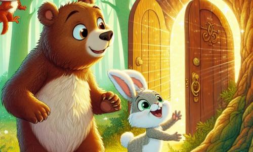 A brown bear, with soft fur and sparkling curious eyes, stands in the center of the image, wide-eyed in surprise and wonder as it discovers a shimmering door hidden behind a large oak tree. Beside it, a rabbit with large ears, white fur, and mischievous eyes hops joyfully, its smile lighting up its face, while a red-furred squirrel, wearing a small cap, climbs a branch, laughing and pointing at the mysterious door. In the background, a lush forest bathed in golden light, with sun rays filtering through the leaves, creates a magical and enchanting atmosphere. The scene depicts the moment when friends discover the magical door that will lead them on adventures through time, filled with excitement and mystery.