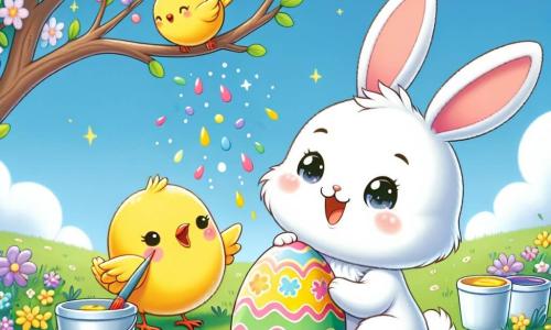 Un coniglietto di nome Binky, con pelliccia bianca e grandi orecchie, sta dipingendo uova di Pasqua colorate, mostrando un grande sorriso di gioia sul suo viso. Nelle vicinanze, un uccellino giallo, con un becco arancione e occhi scintillanti, guarda meravigliato, cantando allegramente, mentre si posa su un ramo di un albero in fiore. Il luogo è un campo verde, punteggiato di fiori multicolori, con un cielo blu chiaro e alcune nuvole bianche e soffici che flottano dolcemente. La scena principale mostra Binky che, tutto emozionato, rivela un uovo dipinto di giallo vivo, mentre un uovo di carta pesta nascosto sotto un cespuglio scoppia, liberando coriandoli colorati che cadono come stelle attorno a loro.
