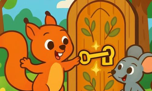 Lotta, das kleine Eichhörnchen mit funkelnden Augen und rotem Fell, steht vor einer großen Holztür, die mit Blattmustern verziert ist. Sie hat einen aufgeregten Gesichtsausdruck, ihre kleinen Pfoten sind erhoben, als wäre sie bereit, vor Freude zu springen. Neben ihr schaut Max, die Maus mit grauem Fell und großen Ohren, neugierig auf die Tür. Er hat ein schelmisches Lächeln und seine Augen strahlen vor Vorfreude. Der Ort ist eine sonnige Lichtung, umgeben von majestätischen Bäumen mit leuchtend grünen Blättern. Bunte Blumen wachsen rundherum und bringen gelbe, violette und rote Akzente in die Landschaft. Die Hauptsituation zeigt, wie Lotta einen goldenen Schlüssel ins Schloss der Tür steckt, während Lichtblitze um sie herum funkeln und auf einen verborgenen Schatz hinter der Tür hindeuten.