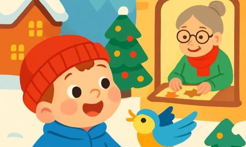 Ein kleiner Junge von 2 Jahren namens Emil mit runden, rosigen Wangen trägt einen leuchtend blauen Mantel und eine rote Mütze. Er hat ein großes, erstauntes Lächeln auf dem Gesicht und leuchtende Augen voller Neugier, während er einen kleinen bunten Vogel beobachtet, der um ihn herumfliegt. Der Vogel mit gelben und blauen Federn wirkt fröhlich und bittet um Hilfe. Im Hintergrund sieht man eine etwa 65-jährige Großmutter mit grauem Haarknoten, die einen grünen Wollpullover und einen roten Schal trägt. Sie bereitet Weihnachtsplätzchen auf einem Holztisch vor und lächelt liebevoll Emil an. Die Szene spielt in einem charmanten verschneiten Dorf mit schneebedeckten Dächern, funkelnden Lichtern an den Fenstern und geschmückten Tannenbäumen, die eine festliche Note verleihen. Emil, der vom kleinen Vogel fasziniert ist, überlegt, ob er seinem neuen Freund helfen oder die Überraschung für seine Großmutter fortsetzen soll.