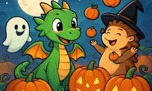 Ein grüner Mini-Drache namens Flix mit weichen Flügeln und funkelnden Augen steht im Zentrum eines mit Licht erleuchteten Kürbisfeldes und zeigt eine neugierige und aufgeregte Miene. Neben ihm lächelt ein kleines Igelmädchen namens Ida, das einen schwarzen Hexenhut trägt, fröhlich, während es mit kleinen orangen Kürbissen jongliert. Ein freundlicher Geist namens Hugo schwebt leicht über dem Boden, hat ein lächelndes Gesicht und runde Augen und beobachtet die Szene mit Staunen. Die Umgebung ist ein Kürbisfeld, das in sanftem, geheimnisvollem Licht erstrahlt, mit tanzenden Schatten, die vom hellen Mond erzeugt werden. Kürbisranken winden sich um die Kürbisse, und ein leichter Nebel umhüllt den Boden und verleiht der Atmosphäre einen magischen Touch. Die Hauptsituation zeigt Flix und seine Freunde, die gemeinsam Halloween feiern, umgeben von leuchtenden Kürbissen, lachend und Spaß habend, bereit für ein unvergessliches Abenteuer unter dem Sternenhimmel.