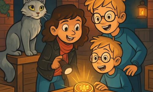 Er zijn 3 personages: - Emma: een 12-jarig meisje met krullend bruin haar en sprankelende nieuwsgierige ogen. Ze draagt een zwarte leren jas en een rode sjaal, en ze houdt een zaklamp in haar hand. - Felix: een 12-jarige jongen met wild blond haar en ronde bril. Hij is gekleed in een blauwe trui en een spijkerbroek, en kijkt om zich heen met een opgewonden gezicht. - Nox: een majestueuze kat met zilverachtig haar en grote glanzende groene ogen. Hij staat op een oude houten kist en kijkt de kinderen wijs en mysterieus aan. De personages bevinden zich in een oud pakhuis in Londen, met rode bakstenen muren bedekt met klimop. Schaduwen dansen op de vloer, geprojecteerd door het flikkerende licht van de lantaarns. Houten kisten liggen verspreid om hen heen, en een lichte mist zweeft in de lucht, wat een vleugje mysterie aan de sfeer toevoegt. De belangrijkste situatie toont Emma en Felix, geïntrigeerd, terwijl ze een oud, glinsterend artefact op een kist ontdekken, terwijl Nox, de kat, hen aandachtig observeert, klaar om hen te begeleiden in hun magische avontuur.