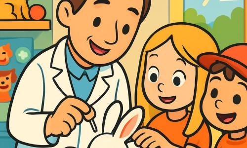 Un veterinario, il dottor Paolo, sorridente e benevolo, con capelli castani e un camice bianco, è chinato su un adorabile coniglietto bianco dalle grandi orecchie, che tiene delicatamente tra le mani. I suoi occhi brillano di empatia e determinazione mentre prepara un piccolo flacone di medicinale. Accanto a lui, una ragazza di 8 anni, Sara, con lunghi capelli biondi, guarda con meraviglia, gli occhi spalancati dalla curiosità, mentre accarezza dolcemente il coniglietto. Un ragazzo di 7 anni, Matteo, con capelli castani e un cappellino rosso, si tiene un po' in disparte, sorridente e impaziente, pronto ad aiutare. La scena si svolge in una clinica veterinaria luminosa, piena di giocattoli per animali, manifesti colorati sulla cura degli animali e una grande finestra che lascia entrare la luce del sole. Su un tavolo accanto, strumenti veterinari sono ordinatamente sistemati. La situazione principale mostra il dottor Paolo mentre somministra un medicinale a Bianchino, il coniglietto, mentre Sara e Matteo lo osservano con espressioni di ammirazione e gioia, circondati da un'atmosfera calorosa e amichevole.