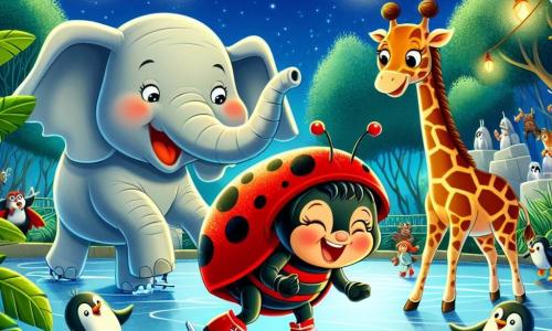 Una mariquita alegre llamada Lula, con alas rojas y manchas negras, sonríe ampliamente mientras patina sobre el hielo, con sus patitas levantadas en el aire. A su lado, un elefante llamado Paco, grande y gris, salpica agua con su trompa mientras ríe, mientras que una jirafa llamada Rita, con su largo cuello manchado, aplaude de pie sobre sus patas traseras, maravillada por el espectáculo. La escena tiene lugar en un zoológico mágico por la noche, donde las estrellas brillan en un cielo azul profundo y los recintos de los animales están iluminados por farolitos de colores. Lula, Paco y Rita se divierten juntos en la pista de patinaje improvisada, deslizándose y riendo, creando sombras divertidas en el suelo, mientras unos pingüinos los animan saltando alegremente a su alrededor.