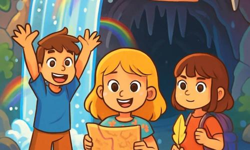 Ci sono 3 personaggi: - Livia: una ragazza di 10 anni con capelli dorati che brillano come il sole, occhi curiosi, indossa un vestito leggero decorato con fiori colorati. È al centro, tiene una vecchia mappa in mano e sorride. - Matteo: un ragazzo di 10 anni con capelli castani disordinati e occhi vivaci, indossa una maglietta blu e pantaloni corti. È a sinistra di Livia, alza le braccia con entusiasmo, pronto per un'avventura. - Sofia: una ragazza di 10 anni con capelli castani e frangia, indossa un vestito rosso e uno zainetto. È a destra di Livia, tiene una penna brillante in mano, con uno sguardo determinato. La scena si svolge all'ingresso della Grotta dei Sospiri, una grotta misteriosa dietro una cascata scintillante. La luce del sole filtra attraverso le gocce d'acqua, creando arcobaleni. I muri della grotta sono decorati con stalattiti scintillanti e il pavimento è coperto di pietre lucenti. I tre amici sono davanti all'ingresso, pronti ad entrare nell'ignoto, pieni di eccitazione e determinazione.