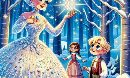 La reina de las nieves, una mujer majestuosa con cabellos plateados brillantes, lleva un vestido de cristal resplandeciente que refleja la luz como miles de diamantes. Su rostro expresa una dulce melancolía mientras extiende la mano hacia un copo de nieve que danza en el aire. A su lado, Kai, un niño de 10 años con mejillas sonrosadas y ojos brillantes, sonríe alegremente sosteniendo un amuleto en forma de corazón que simboliza su amistad. Gerda, una niña de 9 años con trenzas rubias y un vestido colorido, se queda un poco atrás, con los brazos cruzados, mirando a la reina con admiración y esperanza. La escena se desarrolla en un hermoso bosque encantado, donde árboles de troncos plateados se elevan hacia el cielo, con ramas adornadas de copos de nieve brillantes. El suelo está cubierto de un suave manto de nieve y estrellas brillan entre las ramas, creando una atmósfera mágica. La reina de las nieves, Kai y Gerda están juntos, listos para escribir un nuevo capítulo de su historia, rodeados de la belleza del paisaje invernal. El aire está lleno de promesas y risas mientras descubren la magia de la amistad y la libertad.
