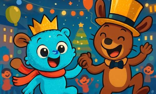 Milo, a small plush character with shiny blue fur, has large round eyes that express bright joy. He jumps for happiness, wearing a sparkling paper crown on his head, surrounded by colorful lights. His mom, a lovely creature with soft brown fur, smiles tenderly, her eyes sparkling with pride as she holds Milo's paw. She wears a bright red scarf that dances in the wind. His dad, a fun character with a top hat adorned with golden glitter, makes funny faces while dancing, his ears moving to the rhythm of the music, adding a touch of whimsy to the scene. The setting is a large illuminated town square filled with sparkling decorations, colorful balloons, and joyful people dancing and singing. Fireworks burst in the night sky, lighting up the amazed faces of children. The main scene shows Milo and his family jumping together to celebrate New Year's, surrounded by laughter and vibrant colors, capturing the festive and joyful spirit of this magical night.
