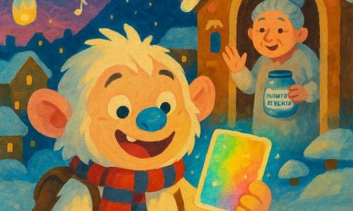 Un giovane Yeti di nome Nino, gioioso e curioso, sorride tenendo una mappa che cambia colore e emette un bagliore morbido; è grande come una poltrona, pelo bianco crema, orecchie rotonde, naso grande e blu che scintilla quando ride, indossa una sciarpa a righe rosse e blu e un piccolo zainetto di cuoio; la nonna Yara, anziana e benevola, lo osserva sulla soglia con i capelli grigi raccolti e un barattolo di 