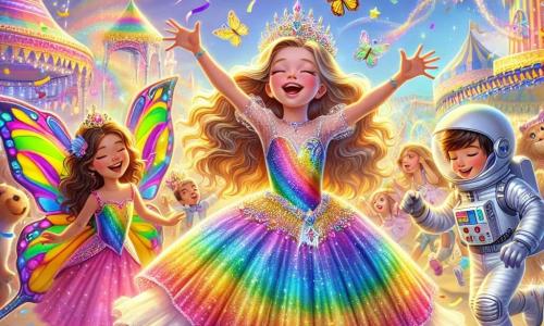 Uma menina de 6 anos, Clara, está no centro da imagem, radiante de alegria. Ela usa um lindo vestido de princesa arco-íris, com brilhos cintilantes e uma coroa dourada na cabeça. Seus olhos brilham de excitação enquanto dança, com os braços levantados para o céu, cercada por cores vivas. À sua direita, Lila, uma menina de 7 anos com asas de borboleta multicoloridas, flutua levemente acima do chão. Ela sorri, seus cabelos longos e ondulados brilham ao sol, e ela segura uma varinha mágica que emite faíscas. À esquerda, Lucas, um menino de 8 anos vestido de astronauta, tenta pegar estrelas de papel que caem do céu. Ele usa um capacete prateado e um traje espacial, e seu rosto está iluminado pela maravilha. O cenário é um carnaval vibrante, com barracas coloridas, guirlandas de flores e balões flutuantes. Confetes dançam no ar, e animais mágicos, como um elefante colorido e um leão com uma juba arco-íris, dançam alegremente ao redor deles. A cena principal mostra Clara, Lila e Lucas dançando juntos, cercados pelas risadas e pela magia do carnaval, enquanto se preparam para partir em busca de um tesouro misterioso.