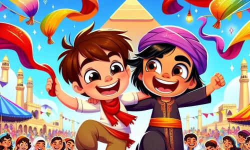 In the foreground, a five-year-old boy named Oliver, with messy brown hair and a big smile, joyfully dances while holding a bright red scarf in his hands. Next to him is a six-year-old Egyptian boy named Amir, with black hair and sparkling eyes, laughing as he dances. They are surrounded by vibrant colors and twinkling lanterns. In the background, the majestic Pyramid of Giza stands under a bright blue sky, while people dance and celebrate around them, creating a festive atmosphere. Colorful market stalls filled with jewelry and fabrics add life to the scene. The main focus shows Oliver and Amir participating in 