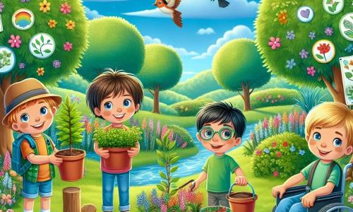În centrul imaginii, Matei, un băiat de 8 ani cu părul brunet și ochi strălucitori, zâmbește ținând un copăcel de plantat. La dreapta lui, Andrei, un băiat de 7 ani cu părul blond și ochelari rotunzi, privește cu entuziasm fântâna de flori pe care tocmai au plantat-o. La stânga, Ioan, un băiat de 9 ani cu părul negru și un tricou verde, ține un panou pe care scrie "Protejăm natura!" și zâmbește mândru. În final, David, un băiat de 8 ani cu părul castaniu și un zâmbet călduros, este așezat în scaunul său cu rotile, ținând o găleată plină cu pământ pentru a ajuta la plantare. Locul este un parc verde, plin de flori colorate și copaci majestuoși, cu un cer albastru strălucitor și câteva nori albi pufoși. În fundal, se vede un mic pârâu strălucitor și păsări cântând în copaci. Situația principală arată cei patru prieteni plantând copaci și flori, înconjurați de panouri educaționale despre ecologie, cu zâmbete pe fețele lor, ilustrând angajamentul lor de a proteja natura și de a face mediu lor mai frumos.