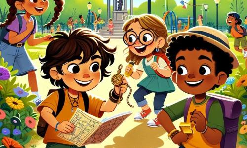 In a sunny park, four friends stand together, ready for an adventure. Max, a 10-year-old boy with messy brown hair and a mischievous smile, holds a treasure map in his hand. To his right, Lucy, a 9-year-old girl with braided blonde hair and round glasses, curiously looks at a small book she found. Sam, a 10-year-old boy with brown hair wearing a cap, crouches down examining a gadget he made, while Mia, a 9-year-old girl with curly hair and a colorful dress, joyfully laughs while holding a small golden spoon. The park is vibrant, filled with colorful flowers, large trees with lush green leaves, and children playing on swings. At the center, an old wooden music kiosk decorated with flower garlands catches the friends' attention. The main scene shows the friends discovering a sparkling golden spoon on a podium in the middle of the park, surrounded by other curious children watching them in awe. They are on a quest to solve a mystery, their faces lit up with excitement and the promise of an unforgettable adventure.