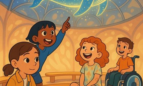 Four children: Mina, about 11, brown hair in a small ponytail, mustard-yellow jacket, light tool-bag, seated front left with fingers on a wavy tactile railing, calm attentive expression; Aya, about 10, short black hair in blue sportswear, standing behind Mina leaning forward with a curious smile, pointing at the ceiling; Tess, about 11, curly red hair in a light geometric dress, seated right of Mina with legs crossed, laughing and looking up, small adhesive band on her arm; Jo, about 12, short brown hair in a modern wheelchair with glowing wheels, slightly behind on the right, hand on the chair arm, smiling at the light. Setting: inside a bright rounded solar dome with a smooth glass ceiling, hexagonal solar-panel patterns, wide spiral ramps with polished metal rails, curved light-wood benches around a small reflective pool, soft colored lights projecting organic patterns on the walls. Scene: the children watch a light show on the dome—a huge blue-and-gold luminous whale swimming overhead trailing sparkles like plankton—soft, warm pastel colors, reflections on the glass, wonder and calm.