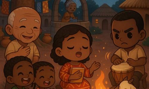 Main woman: Amina, young adult (20–25), round face, bright eyes, gentle determined expression, singing with mouth slightly open, holding a notebook tied to her chest with a cord, wearing a long dress with red and ochre geometric patterns, seated by a small fire; secondary: Kojo, elderly man (~70), wrinkled smiling face, simple beige clothes, seated left of Amina with hand on his chest in a congratulatory gesture; Kofi, adult man (~30), dark-skinned, focused brows, playing a small wooden drum to Amina's right with visible rhythmic motion; Nana Yaa, elderly woman (~60) with gray braided hair, softly singing while washing a blue cloth near a well in the background; children: three (two boys, one girl, 6–10) laughing, clapping in front of Amina, colorful clothes, short hair and braids; animals: two curious small goats, cream fur with brown spots, one sniffing the notebook; setting: village courtyard around a large baobab, red earth, lined clay pots, colorful fabrics hanging on a line, round mud houses with thatched roofs; lighting and mood: warm orange firelight on faces, silver full moon in the deep blue sky, sparks in the air, soft warm shadows; scene: Amina singing to gather the village voices, everyone listening and participating, joyful peaceful expressions, composition centered on Amina surrounded by people and everyday objects.