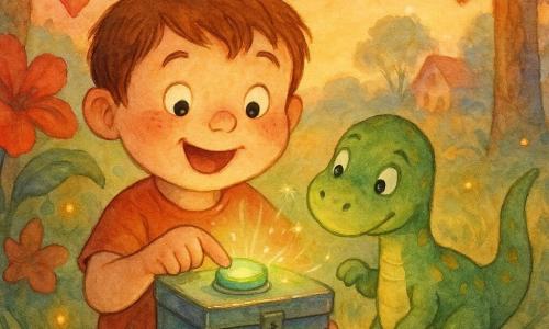Niño de 4 años de cara redonda con pecas y pelo castaño corto, expresión asombrada y sonriente, presiona con entusiasmo un gran botón verde de una caja brillante; a su derecha un pequeño dinosaurio amistoso verde con manchas amarillas, cabeza inclinada y una pata junto a la caja; la madre no está, al fondo se ve una casa borrosa más allá de los árboles; claro prehistórico al atardecer con árboles altos, flores gigantes rojas y violetas, frutos colgantes, hierba mecida y luciérnagas doradas; momento mágico: la caja emite un halo verde y pequeñas estrellas brillan mientras el niño pulsa el botón para volver a casa, ambiente suave y colores cálidos con luz dorada.
