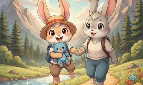 Benny, a young anthropomorphic rabbit smiling and amazed, with large white ears rimmed in pink, soft beige fur, bright round eyes, wearing a small blue backpack and straw hat, jumps for joy looking at the distant mountain; Mrs. Rabbit, a warm adult rabbit with light gray fur and a tender smile, walks protectively to his right holding his hand; Benny clutches a small blue teddy bear named Blue. The scene: sunny mountain valley at the start of a summer holiday, orange dirt path, colorful wildflowers, dark green firs, a sparkling river to the left and pointed mountains under a blue sky with fluffy clouds, golden morning light, centered composition on the characters in the foreground and mountains in the background. Graphic style: childlike manga, clear rounded lines, saturated palette, soft textures, warm inviting atmosphere.