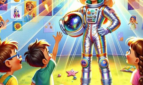 A female astronaut, Captain Luna Carter, stands in the center of the image, radiant and enthusiastic, with a big smile and sparkling eyes. She wears a shiny silver spacesuit with colorful details and holds a helmet under her arm. Next to her is a boy named Max, about 8 years old with curly hair and glasses, raising his hand excitedly, listening attentively. To her left, Mia, a 7-year-old girl with a missing tooth and braids, looks at Luna with wide eyes, ready to ask a question. The setting is a sunny schoolyard, with drawings of planets and stars on the walls, children sitting on the green grass surrounded by rocket-shaped toys and cardboard. The main scene shows Captain Luna telling fascinating stories about space, while the children listen with expressions of joy and wonder, captivated by her tales of interstellar adventures.