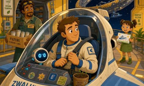 Ongeveer 30-jarige piloot, kort bruin haar, sproeten, kalm glimlachend en geconcentreerd, in crème-blauw licht ruimtepak, zit in het cockpit van een kleine shuttle genaamd Zwaluw en sluit zijn veiligheidsgordel terwijl hij uit het raampje kijkt; een AI als klein rond scherm met twee blauw gloeiende ogen zweeft bij het dashboard; Dokmeester Rafi, ±40, donkere huidskleur, krullend haar, draagt een tuinbroek met zakken en staat bij de open laadruimte met een doos filters, glimlachend zichtbaar achter de cockpitkap; een meisje van ±8 met twee staartjes en een groene jurk houdt een tekening en kijkt vanaf een loopbrug van het habitat, rechts iets op de achtergrond; warme, nette ruimtehangar met metalen wanden in gele tinten, buizen en ringlampen, grote open deuren naar een sterrenhemel en een grote ringstructuur "Bijenkorf"; hoofdscène toont de shuttle vertrekklaar in gouden hangaarlicht, zachte optimistische sfeer, warme kleuren, lijntekeningstijl met eenvoudige schaduwen en vriendelijke overdreven expressies, gecentreerd op de piloot met diepte door bijpersonages en habitat; kleine details: stickers op de console, doos filters met label, kleine zaadjes in een potje.