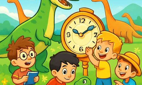 Es gibt 4 Kinder: - Ben: ein 8-jähriger Junge mit zerzausten braunen Haaren und runden Brillen. Er hält ein kleines Notizbuch und schaut fasziniert auf einen großen Dinosaurier. - Leo: ein 7-jähriger Junge mit blonden Haaren und funkelnden Augen. Er dreht eine große alte Uhr und hat ein aufgeregtes Lächeln im Gesicht. - Max: ein 9-jähriger Junge mit schwarzen Haaren und einem roten T-Shirt. Er hockt sich hin, um einen kleinen Dinosaurier zu beobachten, der sich ihm neugierig nähert. - Paul: ein 8-jähriger Junge mit kastanienbraunen Haaren und einem Strohhut. Er steht etwas im Hintergrund, lacht und zeigt auf die Dinosaurier, die um sie herum grasen. Der Ort ist eine weite, grüne Wiese, übersät mit bunten Blumen. In der Ferne bewegen sich majestätische Dinosaurier langsam, ihre schimmernden Schuppen blitzen in der Sonne. Der Himmel ist strahlend blau mit einigen flauschigen weißen Wolken, die friedlich treiben. Die Hauptsituation zeigt die Kinder, die fasziniert eine prähistorische Welt entdecken. Sie sind von Dinosauriern unterschiedlicher Größe umgeben, einige grasen, andere spielen miteinander. Die Atmosphäre ist fröhlich und voller Neugier, während sie dieses faszinierende neue Universum erkunden.