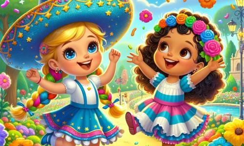 Dos niñas alegres están en el centro de la imagen. Lila, una niña de 7 años con trenzas coloridas, lleva un bonito sombrero azul brillante decorado con estrellas doradas. Sonríe con asombro, los brazos levantados, rodeada de flores coloridas que bailan a su alrededor. A su derecha, Pía, una niña de 6 años con una pierna especial, salta de alegría, los brazos en alto, con su cabello rizado flotando al viento. El escenario es un parque soleado, lleno de vegetación exuberante y flores brillantes. Los árboles majestuosos bordean el camino, y un cielo azul claro tiene algunas nubes blancas esponjosas. Lila y Pía corren tras de caramelos voladores que flotan en el aire, riendo y divirtiéndose. Las flores coloridas bailan a su alrededor, y nubes de dulces escapan del sombrero mágico de Lila, creando una escena alegre y mágica.