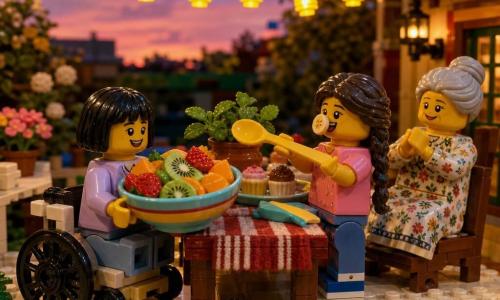 Hay tres personas: Amina, niña de 6 años de piel clara y pelo negro corto, sentada en una pequeña silla a la izquierda de la mesa con un gran bol colorido de trozos de fresa, mango y kiwi, sonriendo; Leïla, niña de 6 años de piel morena y cabello trenzado largo, de pie a la derecha ofreciendo una gran cuchara amarilla para servir la ensalada y con una expresión risueña y una rodajita de plátano cerca de la nariz; y la abuela, mujer de 70 años con pelo gris recogido y vestido floreado, sentada al fondo a la derecha con las manos juntas mirando con ternura. Escena en un patio exterior al crepúsculo con una mesa pequeña con mantel a rayas, guirnaldas de farolillos, maceta de menta y pasteles junto al bol; las niñas sirven una gran ensalada de frutas para la fiesta del Aid en un ambiente cálido y acogedor, colores vivos de las frutas y cielo rosa-azulado.