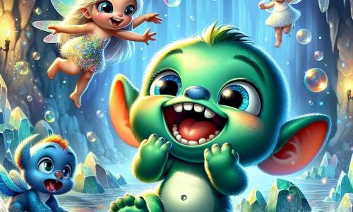 Al centro dell'immagine, Grisù, un piccolo mostro dalle grandi orecchie e dalla pelle verde brillante, salta felicemente su un mucchio di foglie colorate, con un ampio sorriso che mostra i suoi piccoli denti. I suoi grandi occhi curiosi brillano di eccitazione mentre ride. Alla sua destra, Zaffiro, una bella fata con ali scintillanti, vola nell'aria, i suoi lunghi capelli dorati che fluttuano attorno a lei. Ride guardando Grisù, i suoi occhi brillano di malizia. Un po' più in là, Puff, un piccolo drago dalle scaglie blu, cerca di catturare le bolle di sapone che fluttuano intorno a lui, con un'espressione di meraviglia sul viso. Lo sfondo è una grotta magica, con muri scintillanti di cristalli colorati che emettono riflessi di luce, creando un'atmosfera fiabesca. Risate risuonano nell'aria e lampi di luce danzano attorno ai personaggi. La scena mostra Grisù mentre si diverte a saltare sulle foglie, mentre Zaffiro e Puff lo incoraggiano, riempiendo la grotta di gioia e risate.