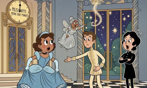 Cenerentola, ragazza emozionata e ansiosa dal volto luminoso e guance rosate, in abito azzurro scintillante e guanti bianchi, solleva la gonna e corre verso l'uscita del ballo; il principe ventenne dal volto dolce e sorpreso, in abito crema ricamato d'oro, le tende la mano dalla pista; la Fata, anziana e benevola in veste argentata, fluttua sullo sfondo agitandone una bacchetta; la matrigna, donna di circa 45 anni dall'aria caricaturalmente collerica, sta all'ingresso con le braccia conserte; il grande salone in stile art déco reinventato ha soffitti alti, lampadari colorati, colonne tortili e pavimento a scacchi che si apre su un giardino notturno; l'orologio dorato segna quasi mezzanotte, una sola scarpetta di vetro scintilla sul pavimento e la folla si arresta in una tensione dolce e magica.