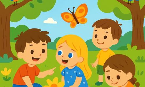 Ci sono 4 bambini: - Luca: un ragazzo di 6 anni con capelli castani disordinati e una maglietta rossa, seduto sull'erba e sorridente mentre indica un bel fiore giallo. - Sara: una ragazza di 5 anni con lunghi capelli biondi e un vestito blu a pois, accanto a Luca, osserva il fiore con meraviglia. - Tommaso: un ragazzo di 6 anni con capelli castani e pantaloni corti verdi, in piedi un po' in disparte, guarda una bella farfalla che vola intorno a lui. - Anna: una ragazza di 5 anni con capelli castani e una treccia, accovacciata vicino a una foglia sul terreno, la tocca con curiosità. Il luogo è un parco verdeggiante con alberi maestosi, fiori colorati e un cielo blu chiaro con alcune nuvole bianche. Gli uccelli cantano sui rami e un sentiero di terra si snoda attraverso l'erba morbida. I bambini scoprono la bellezza della natura, con Luca e Sara che ammirano un fiore giallo, Tommaso che osserva una farfalla e Anna che esplora una foglia, tutti felici e curiosi, immersi nella magia del parco.