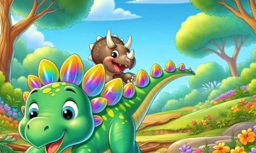 Un estegosaurio llamado Estela, con piel verde y placas brillantes de colores vivos en su espalda, expresa entusiasmo saltando alegremente al borde de un hermoso arroyo. A su lado, un pequeño triceratops llamado Tito, con piel marrón y tres cuernos en su frente, sonríe mirando a Estela, listo para acompañarla en su aventura. El paisaje es encantador, lleno de flores coloridas, grandes árboles y un cielo azul con nubes blancas. Estela y Tito, emocionados y curiosos, exploran juntos su nuevo entorno, listos para descubrir las maravillas de su nuevo hogar.
