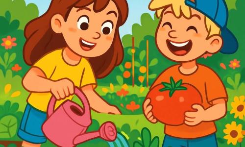 Een 8-jarig meisje, Lotte, met lange bruine haren en sproeten op haar neus, glimlacht vrolijk terwijl ze planten water geeft met haar kleine roze gieter. Ze draagt een felgele t-shirt en een spijkerbroek, en haar ogen stralen van opwinding. Naast haar staat haar beste vriend Bram, een 8-jarig jongetje met messy blond haar en een blauwe pet, die lacht terwijl hij een grote rode tomaat vasthoudt die hij net heeft geplukt. Ze bevinden zich in een mooie groene tuin, vol met kleurrijke groenten, stralende bloemen en net onderhouden rijen planten onder een blauwe zonovergoten lucht. De scène toont Lotte en Bram die samen in de tuin werken, omringd door lachen en vreugde, wat de geest van vriendschap en delen tijdens de zomervakantie illustreert.