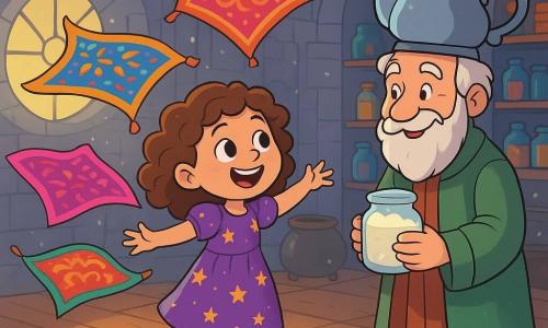Pip Puddlewick, a seven-year-old girl with curly hair and a purple dress adorned with golden stars, smiles in wonder, her eyes sparkling with curiosity, as she stands on a wooden step, ready to make colorful carpets float. Nearby, Professor Lark, an elderly man with a white beard and a teapot-shaped hat, watches with a kind smile, holding a jar of marshmallow fluff in his hands, ready to assist Pip. The setting is a large alchemy amphitheater, with gray stone walls, shelves filled with colorful jars, and bubbling cauldrons, creating a magical and warm atmosphere. Sunlight filters through a round window, illuminating the wooden floor and creating a bright circle. In this scene, Pip attempts to make colorful carpets float, which joyfully rise around her in a fun and light dance, filling the air with laughter and magic.