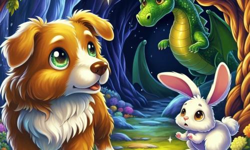 Un câine pe nume Rex, cu o blană frumoasă de aur și ochi strălucitori de curiozitate, stă curajos în fața unei peșteri întunecate, expresia sa hotărâtă arătând că este pregătit să înfrunte necunoscutul. Lângă el, un iepuraș alb pe nume Lili, cu urechi mari și o privire îngrijorată, se uită la peșteră tremurând ușor, adăpostindu-se lângă Rex pentru a găsi confort. În fundal, un dragon verde măreț, cu solzi strălucitori și ochi în formă de bijuterii, iese timid din umbra peșterii, atitudinea sa ezitantă trădând dorința de a-și face prieteni. Scena se desfășoară într-o pădure magică, unde copacii cu trunchiuri noduroase și flori colorate iluminează solul, creând o atmosferă misterioasă și primitoare. Rex, câinele curajos, se pregătește să intre în peșteră pentru a întâlni dragonul, ilustrând momentul în care prietenia și curajul se întâlnesc pentru a depăși frica.
