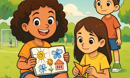 Uma menina de 10 anos, Sofia, com cabelos cacheados e olhos brilhantes, está sentada na grama verde, um grande sorriso iluminando seu rosto feliz. Ela segura um caderno de desenhos cheio de ilustrações coloridas, suas mãos estão cheias de criatividade e empolgação. Ao lado dela, Clara, uma menina de 9 anos com cabelos lisos e castanhos, está dobrando um pedaço de papel em origami, concentrada e entusiasmada, com um olhar admirativo para Sofia. Miguel, um garoto de 10 anos com cabelos curtos e um boné, está um pouco mais afastado, observando com curiosidade, pronto para se juntar às atividades deles. O local é um vasto campo de esportes, banhado por uma luz dourada, cercado por árvores com folhas verdes vibrantes que dançam suavemente ao vento. Risadas de crianças ecoam ao redor deles, e o céu é de um azul brilhante, salpicado de algumas nuvens brancas e fofas. A situação principal mostra Sofia e seus amigos criando um novo jogo, misturando futebol, origami e histórias, unindo seus talentos e imaginação em uma atmosfera alegre e colaborativa.
