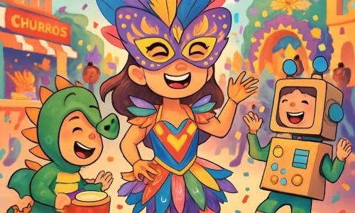 Una niña de 12 años, llamada Sofía, se encuentra en el centro del escenario, radiante de emoción con una amplia sonrisa. Lleva un disfraz colorido adornado con plumas y lentejuelas, y una gran máscara de carnaval en forma de mariposa. A su lado, su amigo Oliver, un niño de 8 años disfrazado de dragón, salta de alegría sosteniendo un pequeño tambor. Lucía, otra niña de 12 años, está un poco más atrás, vestida de robot de cartón decorado con luces parpadeantes, riendo y bailando. El fondo es una calle animada llena de colores vivos, con banderines y confeti. Sofía, Oliver y Lucía bailan juntos rodeados de una multitud entusiasta, mientras un gran carro decorado avanza en el desfile. La atmósfera es festiva y mágica, llena de risas y alegría, capturando el espíritu del carnaval.