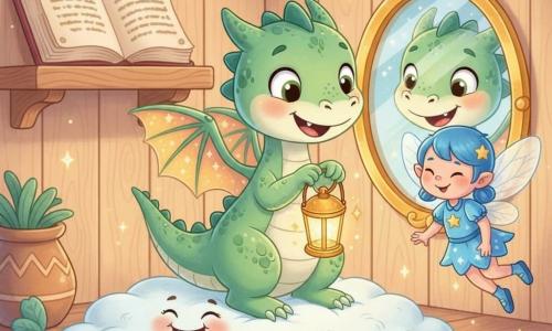 A small pale-green baby dragon with round wings, glossy scales and wide amazed eyes smiles while holding a tiny glittering golden lantern; a tiny blue fairy with translucent wings and a mischievous smile floats in the golden mirror behind the dragon; a fluffy white cloud with a joyful face laughs beneath the dragon’s feet like a soft rug; the scene is set in a cozy magical room with light wooden walls, an open old book, a glittering golden mirror, a rainbow stone path leading to the cloud and soft star-shaped lights, centered on the brave, wide-eyed dragon discovering the treasure.