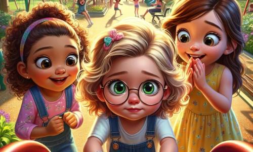 In a sunny park, three three-year-old girls stand together, ready for adventure. Mia has curly brown hair and wears a pink dress with flower patterns, standing on the left, smiling and encouraging her friends to climb the big slide. Zoe has straight blonde hair, round glasses, and a blue t-shirt, positioned in the center, a bit nervous, looking at the slide with wide eyes but determined to overcome her fear. Ava has wavy brown hair, a big smile, and a yellow dress, on the right, raising her arms to cheer on Zoe, full of enthusiasm. The park is lush with majestic trees, colorful flowers, and a bright blue sky. In the background, children play on swings while parents sit on benches enjoying the nice weather. The main scene shows Zoe at the top of the slide, hesitating to slide down, while Mia and Ava encourage her with smiles and supportive gestures. The atmosphere is joyful and full of camaraderie, illustrating the importance of self-confidence and friendship.