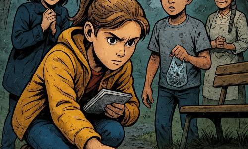 A determined 12-year-old girl with a serious face, bright eyes and light brown ponytail in a mustard-yellow jacket holds a notebook, crouching to pick up a small blue glass bead from wet leaves beneath a worn wooden bench; behind her stands Lila, about 12, relieved and anxious, black bobbed hair and a navy coat, hands clenched and watching the bead emotionally; beside the bench Aarav, ~11, ashamed but grateful, safety goggles on his forehead and a gray glue-stained T-shirt, holds a small plastic bag with chain pieces; nearby Mrs. Kaur, about 60, calm and kindly, gray braided hair and a flour-dusted apron, stands at the trail entrance smiling with hands joined; the rainy neighborhood clearing has wet leaves, dark mud, fresh footprints, a gravel path leading toward a distant laundromat and a bulletin board in the background, morning gray light and sparkling raindrops, composition centered on the hand reaching for the blue jewel.