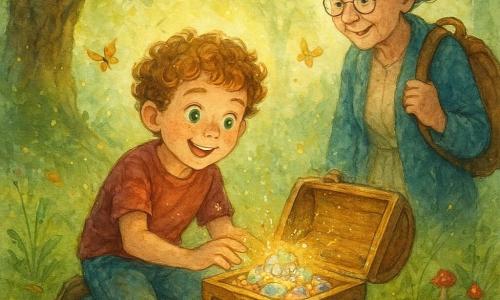 An 8-year-old boy with a round, freckled face, light chestnut curly hair and bright green eyes, smiling in wonder with dirty knees, kneeling before a slightly open small wooden chest and reaching to touch sparkling stones; an elderly grandmother of about 70 with gray hair in a bun, round glasses and a gentle smile stands slightly behind to the right with a hand on a backpack, watching tenderly; a forest clearing with green moss, golden leaves, small red mushrooms and sunbeams through the gnarled oak branches, a few butterflies and tall grasses; the moment of discovery with the chest at the tree base, its lock open and a golden key beside it, the stones casting colorful reflections on his face; soft luminous colors, wet watercolor textures and controlled splatters emphasizing golden dust and sparks around the stones.