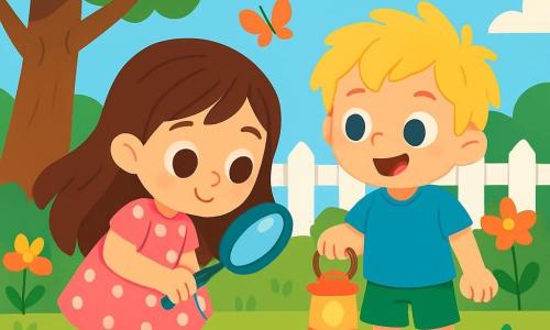 Há 2 personagens principais: - Luna: uma menina de 4 anos com longos cabelos castanhos e olhos brilhantes. Ela usa um vestido rosa com bolinhas brancas e segura uma lupa na mão direita, em pé na grama, observando atentamente as pequenas pegadas no chão. - Miguel: um menino de 4 anos com cabelos loiros bagunçados e olhos azuis. Ele usa uma camiseta azul e um short verde, segurando uma lanterna de brinquedo e está ao lado de Luna, com um sorriso curioso no rosto. O cenário é um jardim ensolarado, cheio de flores coloridas e grandes árvores com folhas verdes. O chão é coberto de grama macia e há borboletas voando ao redor das flores. Ao fundo, uma cerca de madeira pintada de branco delimita o jardim. A cena principal mostra Luna e Miguel, dois pequenos aventureiros, seguindo pegadas misteriosas no jardim, com os rostos iluminados pela emoção de descobrir um segredo escondido.