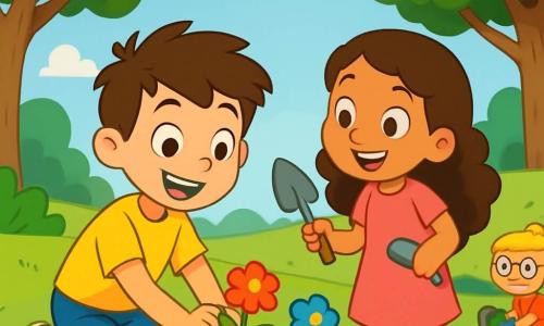 Um menino de 8 anos, Miguel, com cabelos castanhos bagunçados e um sorriso radiante, está plantando flores coloridas em um parque ensolarado. Ele usa uma camiseta amarela brilhante e um short azul, e seu olhar é cheio de entusiasmo e determinação. Ao seu lado, Ana, uma menina de 7 anos com cabelos longos e cacheados, vestida com um vestido rosa, o incentiva com um grande sorriso, segurando uma pequena pá. Um pouco mais adiante, Pedro, um menino de 8 anos com óculos redondos e cabelos loiros, recolhe lixo com luvas verdes, demonstrando seu compromisso com a natureza. O parque está cheio de verde, com grandes árvores de folhas luxuriantes, flores coloridas começando a florescer e um céu azul salpicado de nuvens brancas fofas. A cena transmite uma atmosfera alegre e dinâmica, ilustrando o espírito de equipe e o amor pelo meio ambiente. As crianças trabalham juntas, rindo e se ajudando, criando um lugar mais bonito e saudável para todos.