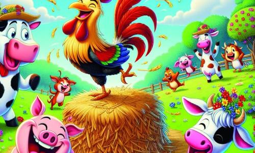 Um galo alegre chamado Gaspar, com penas vermelhas brilhantes e uma crista exuberante, dança em um pequeno monte de feno, exibindo um grande sorriso. Ao seu lado, uma vaca risonha, Matilde, com manchas brancas e pretas, usa flores coloridas nas orelhas e observa Gaspar com diversão. Um pequeno porquinho rosa, Tico, se revira na lama, rindo alto, enquanto um pato amarelo, Serafim, se equilibra em uma pata, segurando um pequeno guarda-chuva colorido. A cena ocorre na charmosa 